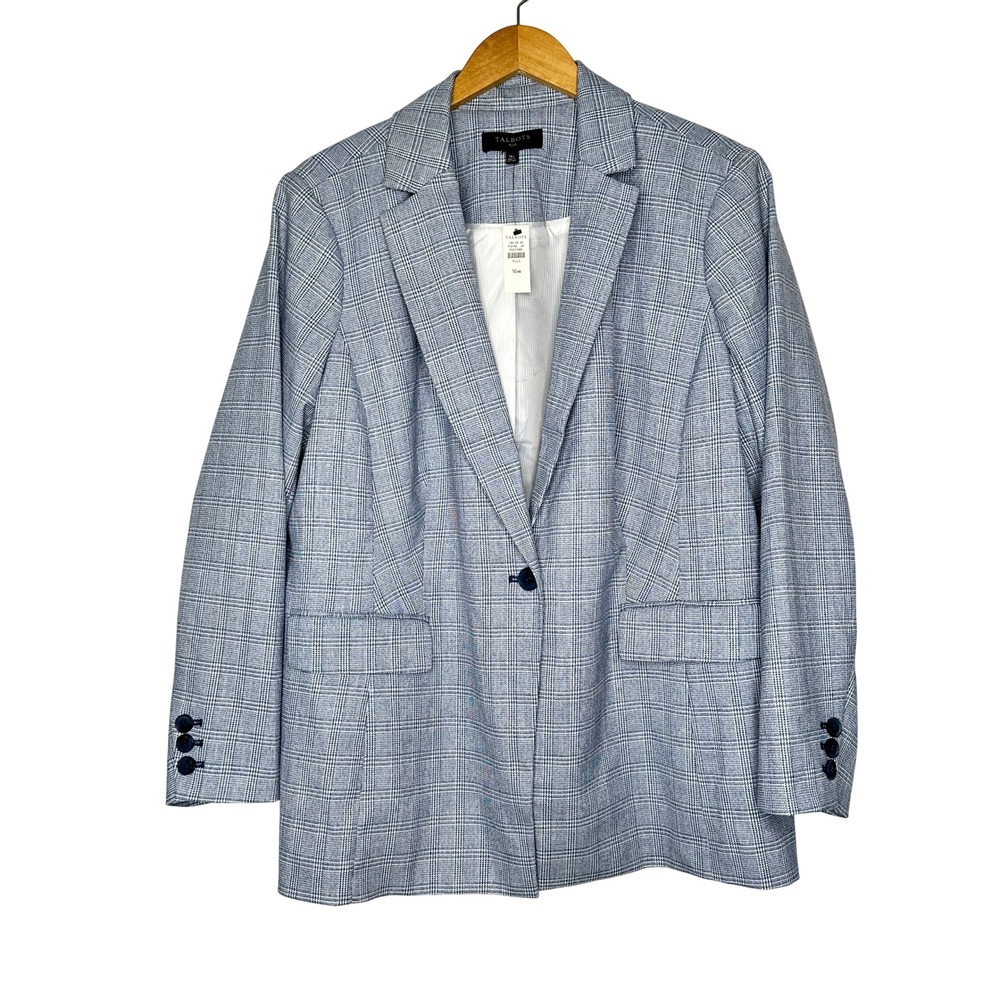 Talbots Blazer Glen Plaid Single Button Size 16W Blue Lined Stretch Preppy New